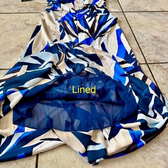 WHBM Satin Halter Maxi Blue Dress NWT $180 Abstract Print Modern - Picture 10 of 16
